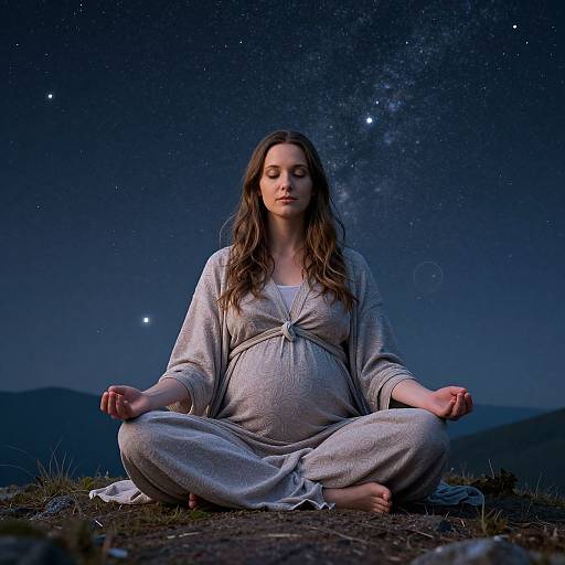 Photograph of a pregnant woman meditating under a starry night sky, wearing a light gray, long-sleeved dress, seated cross-legged on
