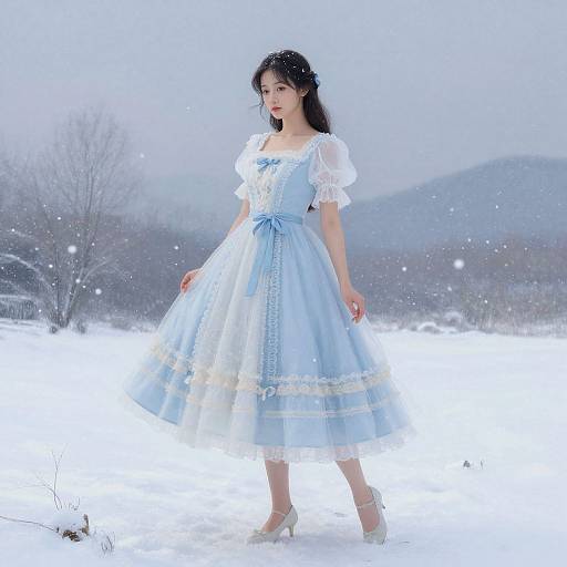 Photograph of an Asian woman in a light blue, puffy-sleeve, vintage-style dress standing in a snowy landscape, with mountains and falling