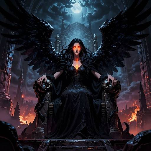 Digital illustration of a dark-haired, glowing-eyed woman with black wings, sitting on a gothic throne in a fiery, moonlit cityscape.
