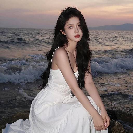 Photograph of an Asian woman with long black hair, wearing a white, sleeveless, satin dress, sitting by the ocean at sunset. Waves crash