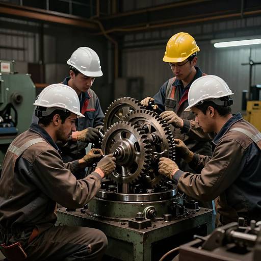 Photograph of four male engineers in white and yellow hard hats, working on large metal gears in a dimly lit industrial workshop.