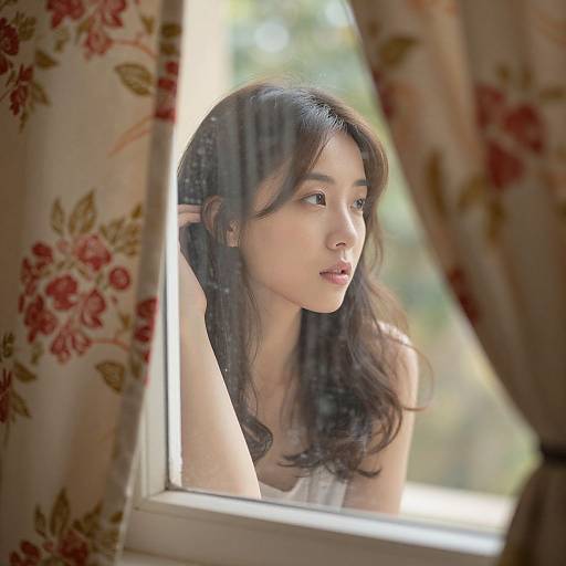 Photograph of an Asian woman with long, wavy black hair, wearing a white top, gazing out a window through floral curtains. Soft natural