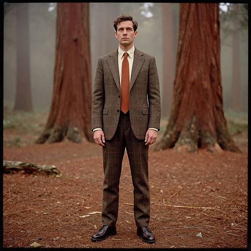 Man in Tweed Suit Among Misty Redwoods
