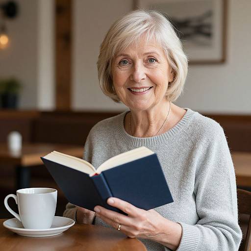 Photograph of smiling elderly woman with short gray hair, wearing a light gray sweater, reading a black book at a café table with a white cup.
