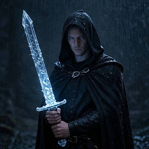 Hooded Man with Glowing Ice Sword