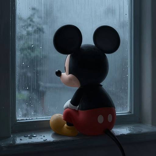 Sad Cartoon Mouse on Rainy Day
