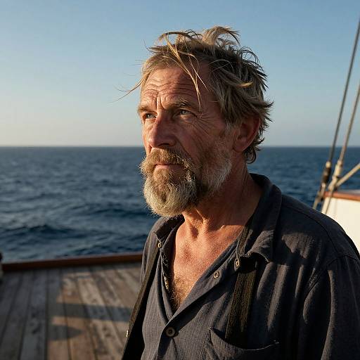 Photograph of an older, weathered man with gray beard and tousled hair, wearing a black shirt, gazing at the ocean under a clear