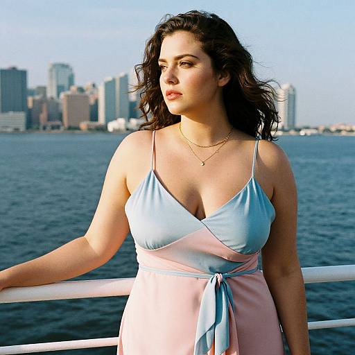 Photograph of a curvy woman with dark, wavy hair, wearing a light blue and pink wrap dress, standing on a waterfront, city skyline