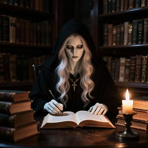 Long-Exposure Hooded Sorcerer in Ancient Library