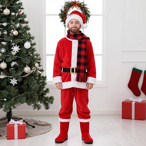 Photograph of a young boy in a Santa Claus costume, red plaid scarf, standing in front of a decorated Christmas tree and window, white wall
