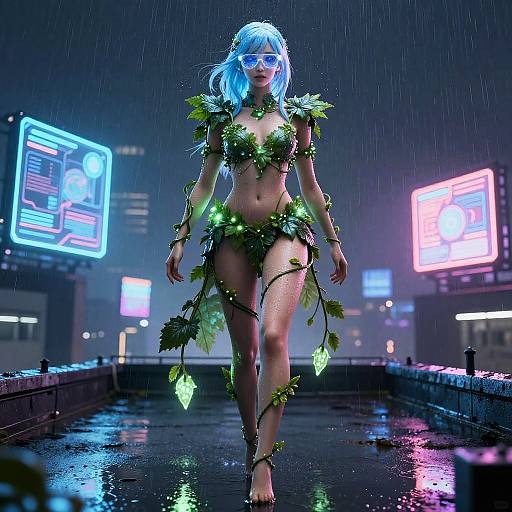 CGI image of a blue-haired woman in neon-lit, rain-soaked futuristic city, wearing green leaf and vine bikini, barefoot, with