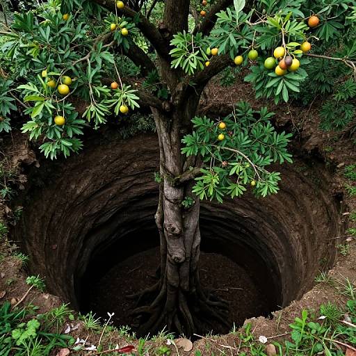 Photograph of a tree with yellow and orange fruit, rooted in a dark, circular hole in the ground, surrounded by green leaves and earthy soil