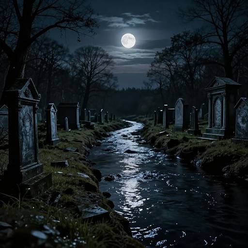 Gothic Night River with Tombstones
