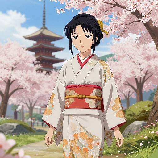 Anime-style drawing of a black-haired woman in a white floral kimono with red obi, standing under cherry blossoms, traditional pagoda in background