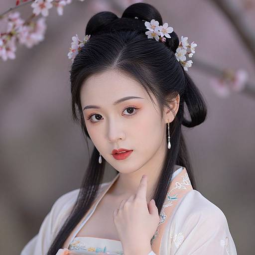 Digital portrait of an Asian woman with black hair in a bun, adorned with cherry blossoms, wearing a white kimono, red lipstick, and dangling