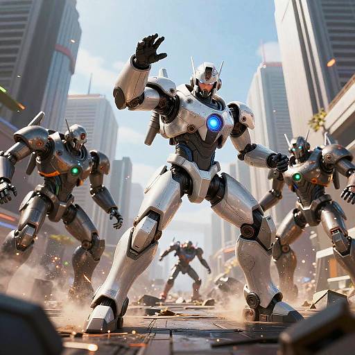 CGI image of four futuristic, silver and black robotic warriors with glowing blue and green eyes, fighting in a sunlit, skyscraper-filled city street