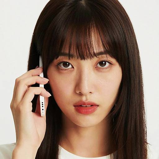 Photograph of an East Asian woman with straight black hair, bangs, and red lipstick, holding a white smartphone to her ear against a plain white