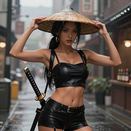 Asian Woman in Leather Outfit with Conical Hat and Katana