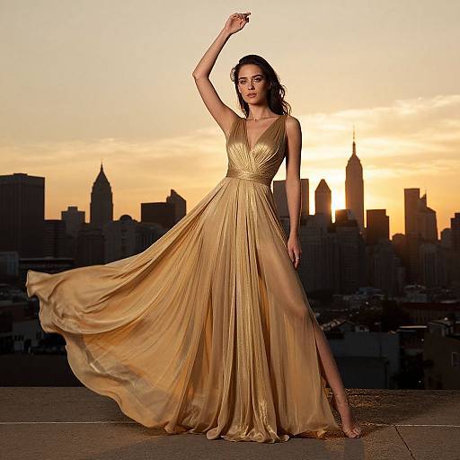 Photograph of a woman in a flowing, golden, sleeveless gown standing on a rooftop at sunset, silhouetted against a city skyline.