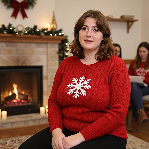 Photograph of a curvy, fair-skinned woman with brown hair, wearing a red knit sweater with a white snowflake, sitting in a cozy