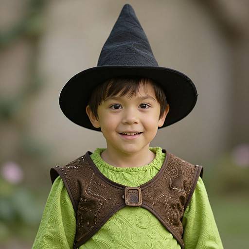 Photograph of a young boy with dark brown eyes, wearing a black witch hat, green shirt, and brown vest, smiling outdoors.