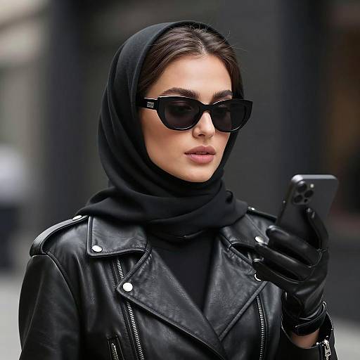 Stylish Woman in Black Leather Outfit with Phone
