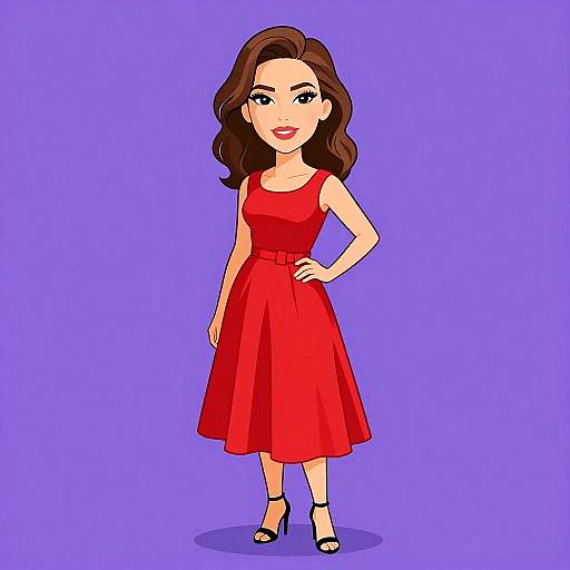 Digital cartoon of a smiling woman with wavy brown hair, wearing a red dress and black heels, standing against a purple background.