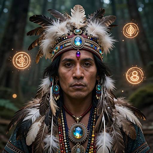 Photograph of a Native American man with feathered headdress, colorful bead necklaces, and glowing circular symbols in a forest.