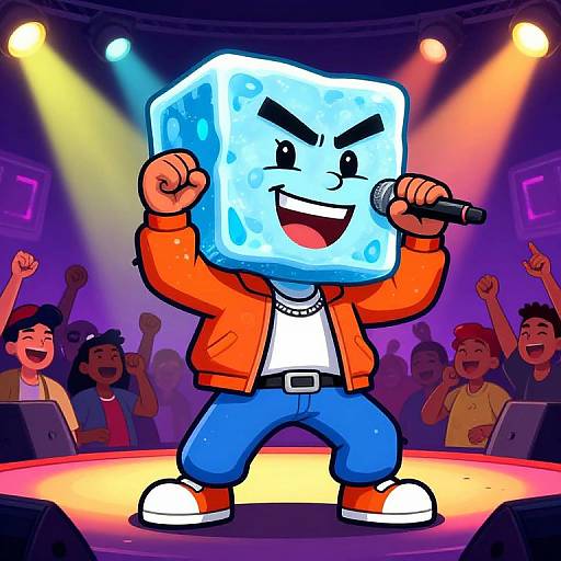 Digital cartoon: Ice cube-headed rapper with angry expression, orange jacket, blue jeans, white shirt, microphone, standing on stage, cheering crowd.