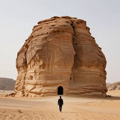Photograph of a solitary person in black standing before a massive, intricately textured, reddish-brown sandstone rock formation with a dark arched