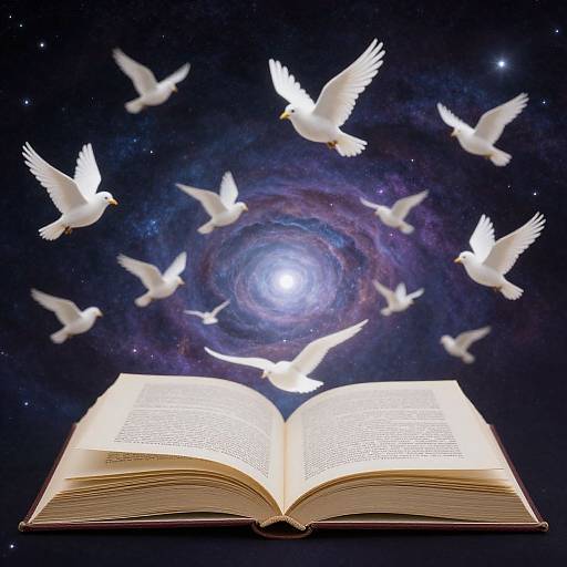 Open book with glowing pages surrounded by white doves flying towards a glowing galaxy in a starry night sky.
