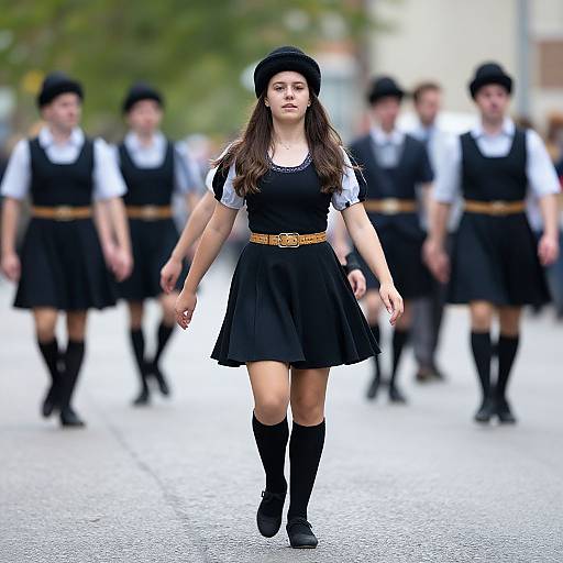 Photograph of a young Asian woman in a black dress and hat, leading a group of similarly dressed students on a street.