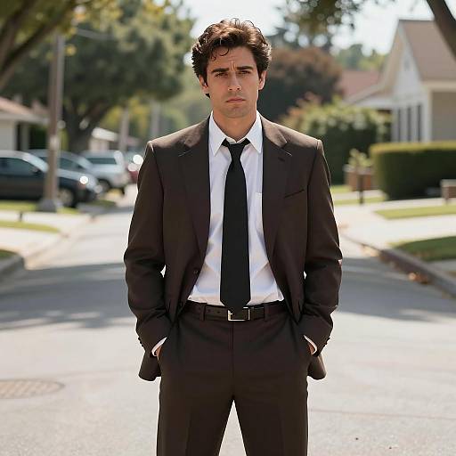 Man in Dark Brown Suit Standing on Suburban Street