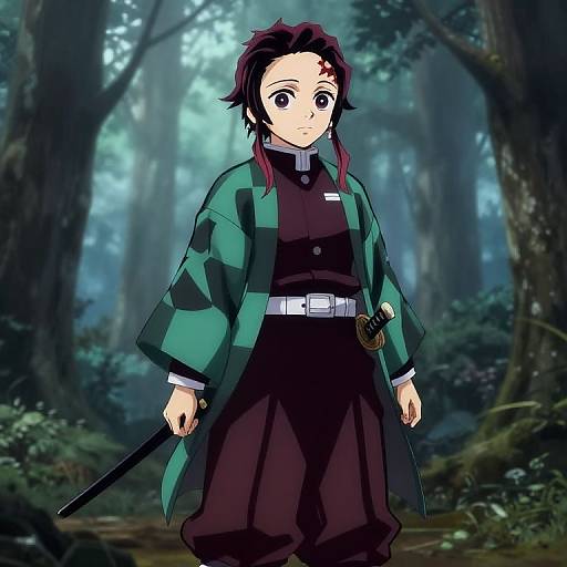 Anime-style digital illustration of a young male character with dark hair, green jacket, black shirt, and pants, holding a sword in a misty forest