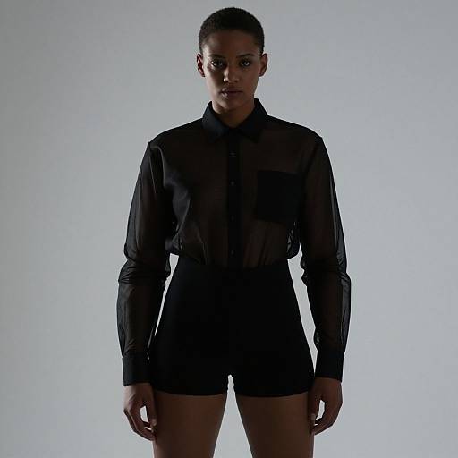 Photograph of a serious black woman with short hair, wearing a sheer black long-sleeve shirt and black shorts, standing against a bright, white