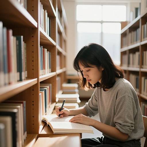 Focused Student Studying by Bookshelves