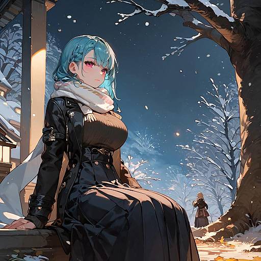 Digital anime-style artwork of a blue-haired woman with red eyes, wearing a black coat and white scarf, sitting by a snowy, nighttime tree, with