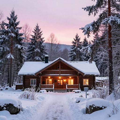 Frosted Forest Lodge in Winter Dusk