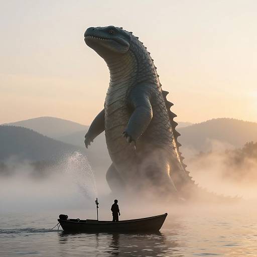 Photorealistic digital art: Silhouetted person in small boat on calm lake, facing giant, towering, roaring dinosaur with misty mountains and