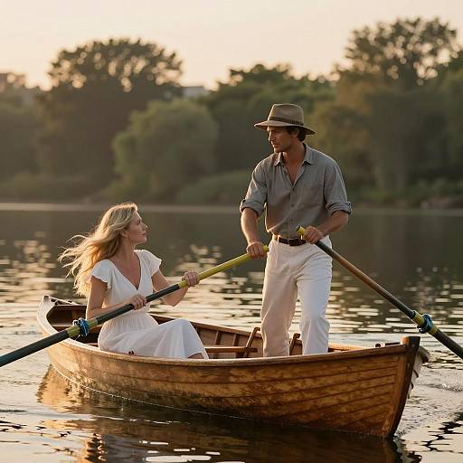 Serene Sunset Rowboat Scene with Couple