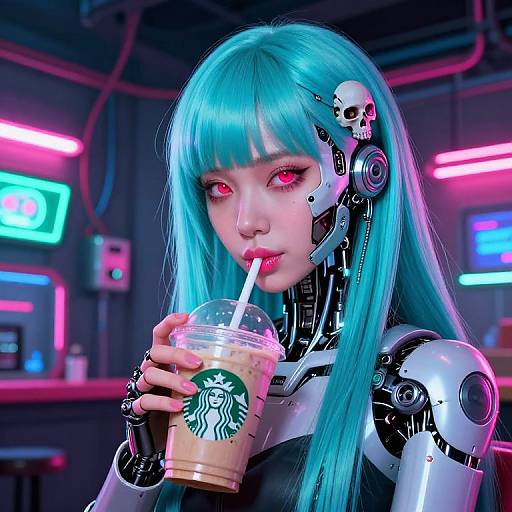 Cyberpunk-style digital artwork of a blue-haired, robotic woman with glowing red eyes, drinking Starbucks iced coffee in a neon-lit bar.