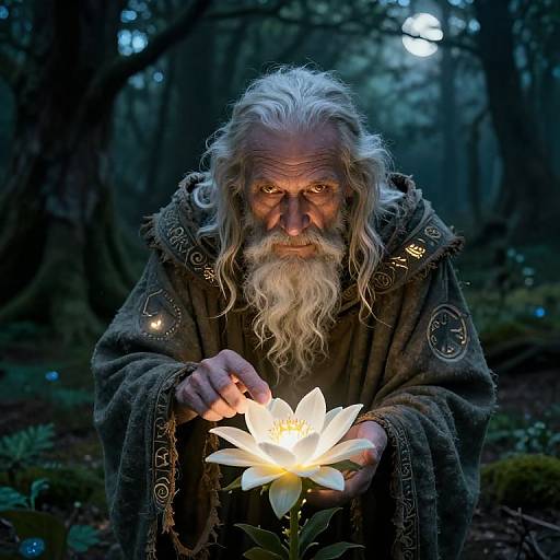 Photograph of an elderly, white-bearded man with long, wild hair, wearing a textured, dark robe, holding a glowing white flower in a