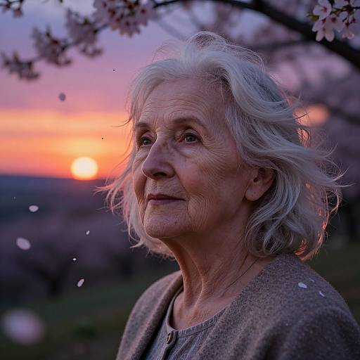 Photograph of an elderly woman with white hair, wearing a gray sweater, gazing at a vibrant sunset, surrounded by cherry blossoms.