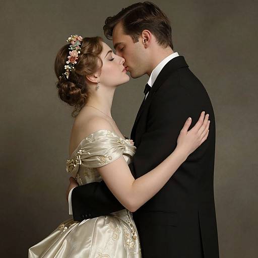 Photograph of a couple kissing, the woman in an off-shoulder ivory wedding dress with floral headpiece, the man in a black tux