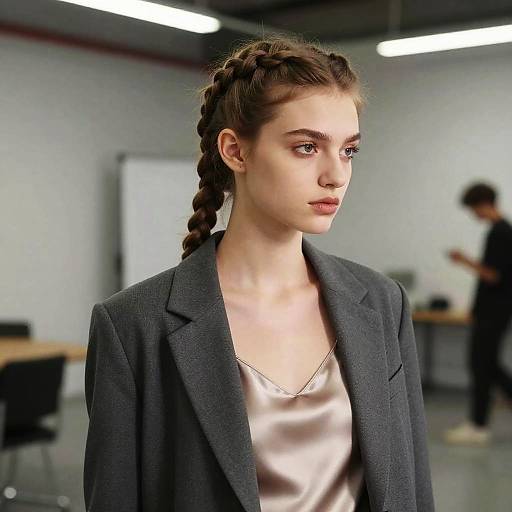 Photograph of a young woman with fair skin, brown braided hair, wearing a dark gray blazer and satin top, in a modern, softly