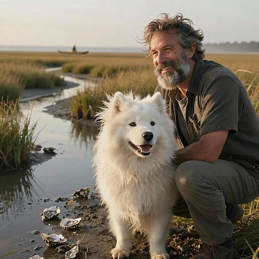 Golden Hour Bliss: Man and Samoyed