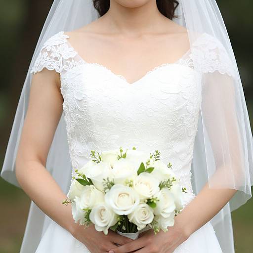 Photograph of a bride in a white lace wedding dress, holding a bouquet of white roses, with a veil covering her hair.