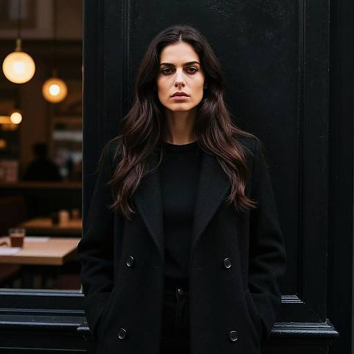 Photograph of a serious, dark-haired woman with long wavy hair, wearing a black coat, standing against a black door in a dimly lit