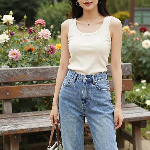 Casual Woman in Light Blue Mom Jeans and Cream Tank Top in Flower Garden