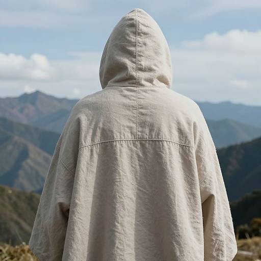 Photograph of a person facing mountains, wearing a light beige hooded shirt, back view, blue sky with clouds in the background.